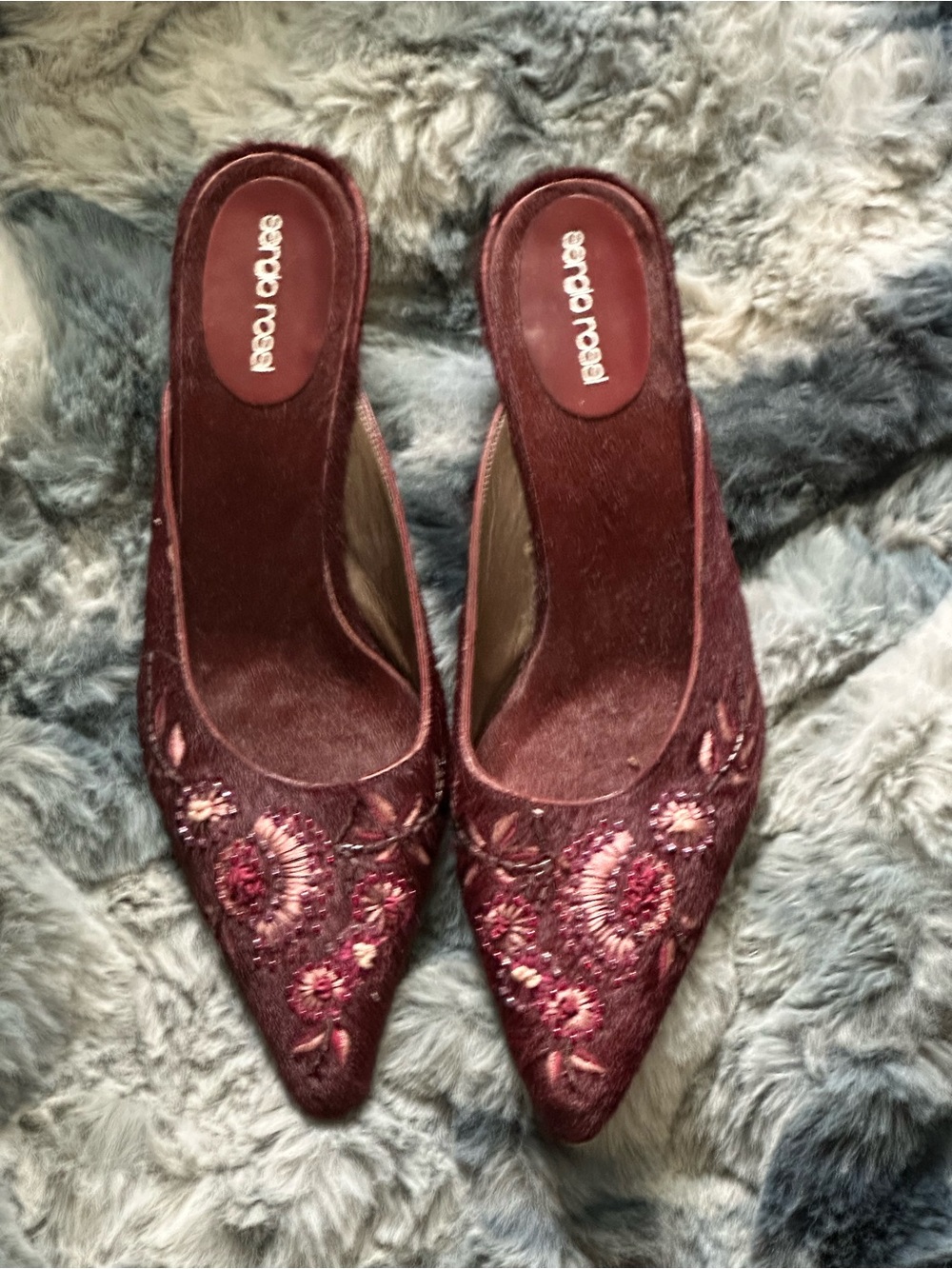 Sergio Rossi Burgundy Embroidered Pointed Mules